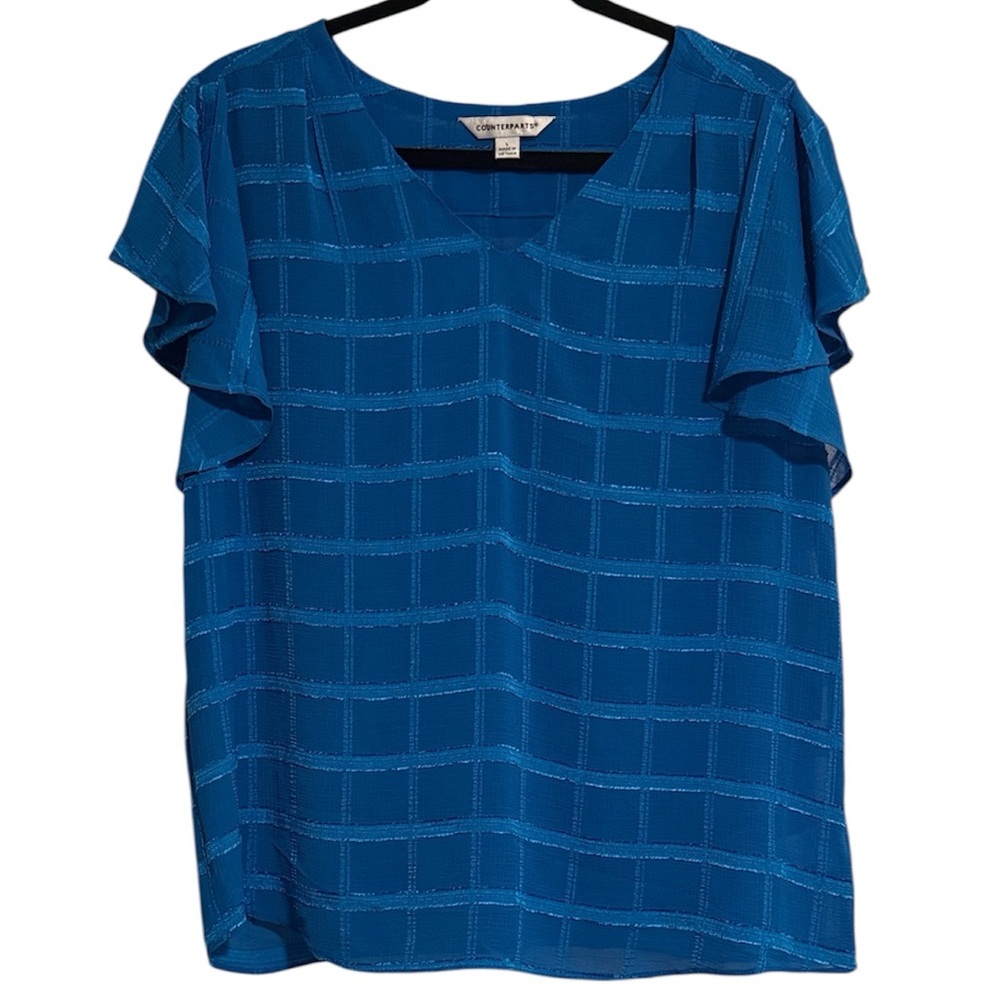 ☀️ Counterparts Blue Checkered Ruffle Sleeve Blouse NWT